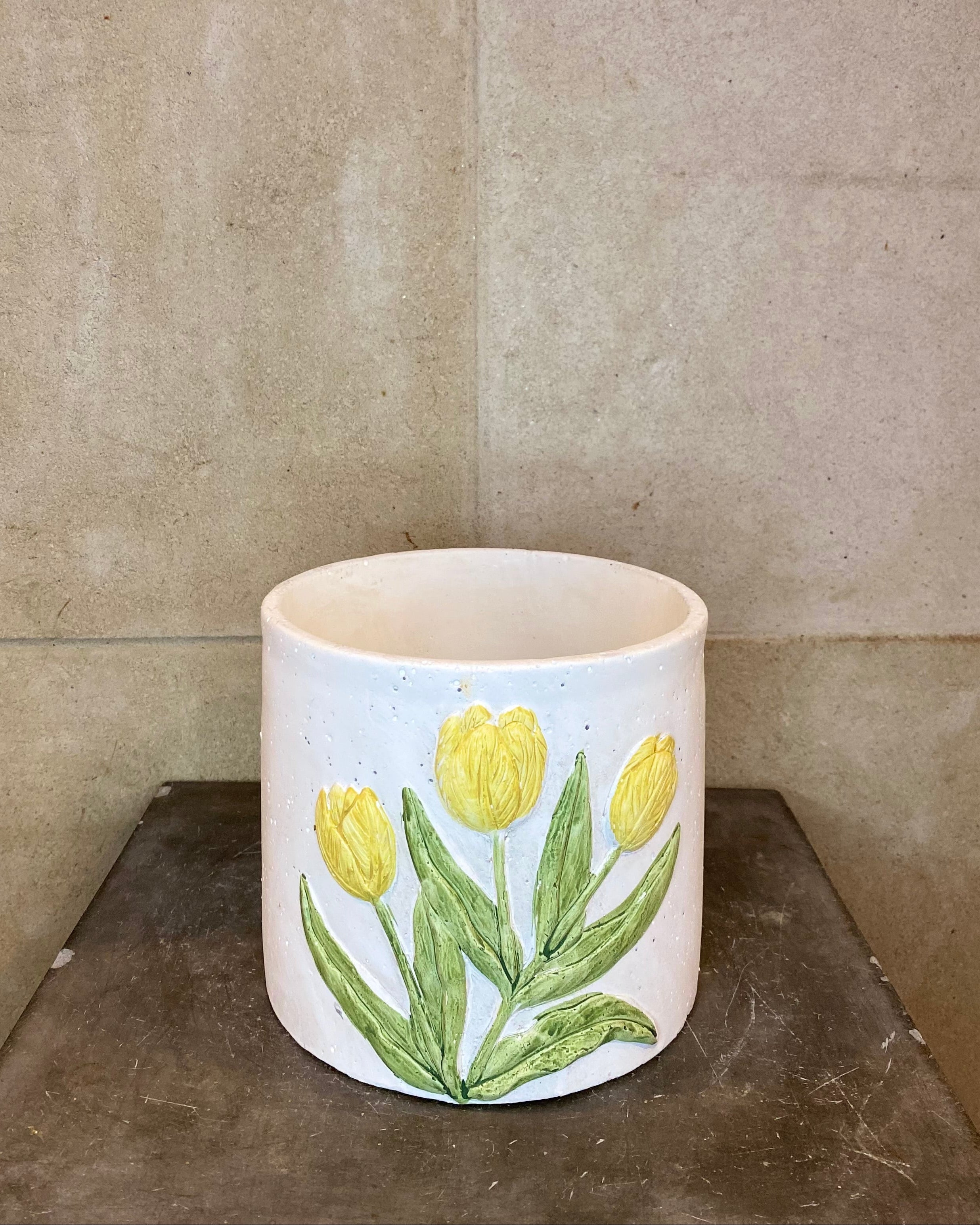 White Cement Planter with Yellow Tulip