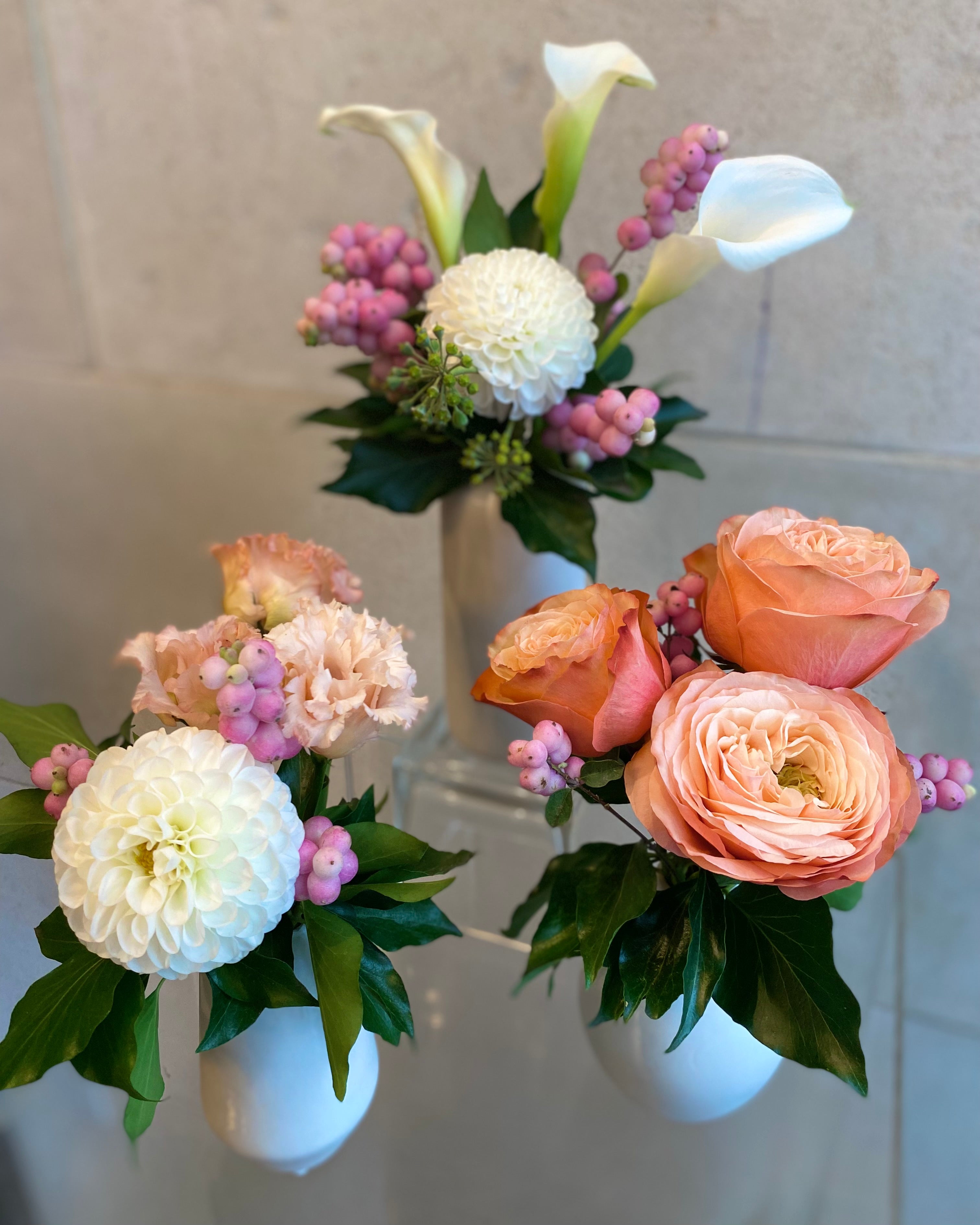 Set of 3 Bud Vases with Seasonal Blooms